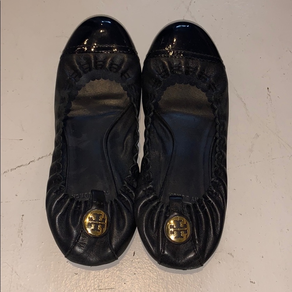 Tory Burch Black Flats with Gold Logo